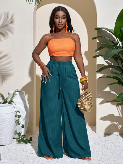 Slaydiva Women's Full Length Geometric Green Casual Vacation Wide Leg Pants