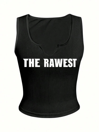 Slayr Women Summer Slim-Fit V-Neck Tank Top With Letter Print And Notched Neckline Graphic Tees Women Tops