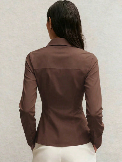 Slim Fit Long Sleeve Button-Up Shirt, Women's Elegant Office Casual Top For Autumn