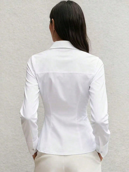 Slim Fit Long Sleeve Button-Up Shirt, Women's Elegant Office Casual Top For Autumn