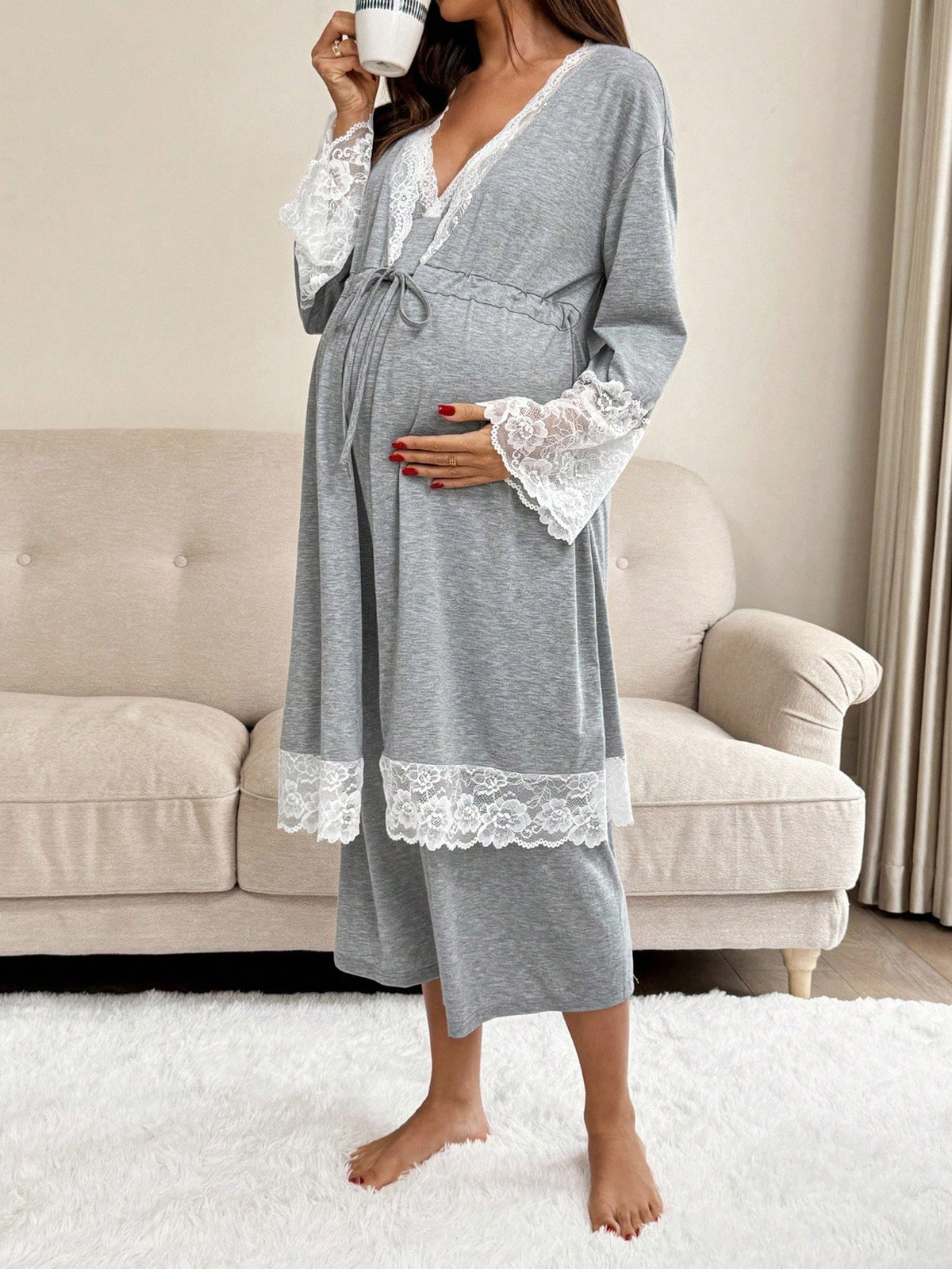 Slowluna 2pcs Maternity Contrast Lace Long Sleeve Robe And Camisole Nursing Nightgown Set Fall