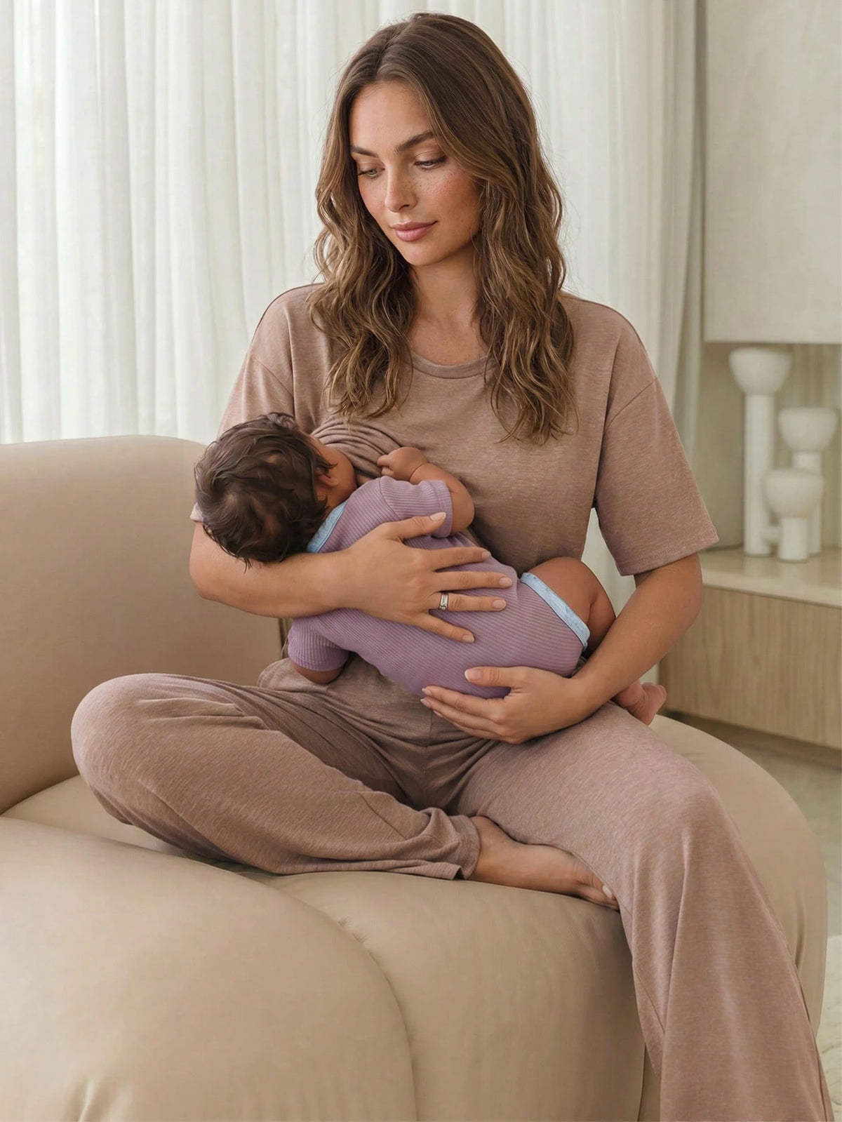 Slowluna Maternity Solid Color Round Neck Nursing Top And Adjustable Waist Long Pants Casual Daily 2 Pieces Set Loungewear Pajama Nightgown Robe