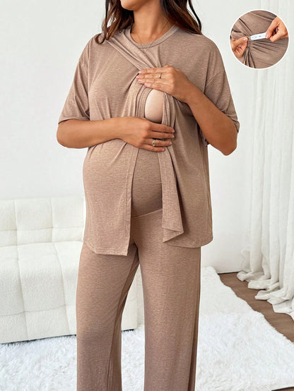 Slowluna Maternity Solid Color Round Neck Nursing Top And Adjustable Waist Long Pants Casual Daily 2 Pieces Set Loungewear Pajama Nightgown Robe