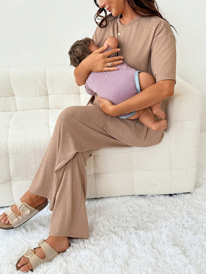 Slowluna Maternity Solid Color Round Neck Nursing Top And Adjustable Waist Long Pants Casual Daily 2 Pieces Set Loungewear Pajama Nightgown Robe