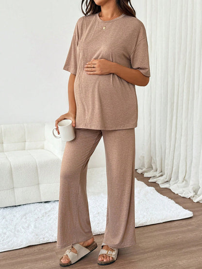 Slowluna Maternity Solid Color Round Neck Nursing Top And Adjustable Waist Long Pants Casual Daily 2 Pieces Set Loungewear Pajama Nightgown Robe