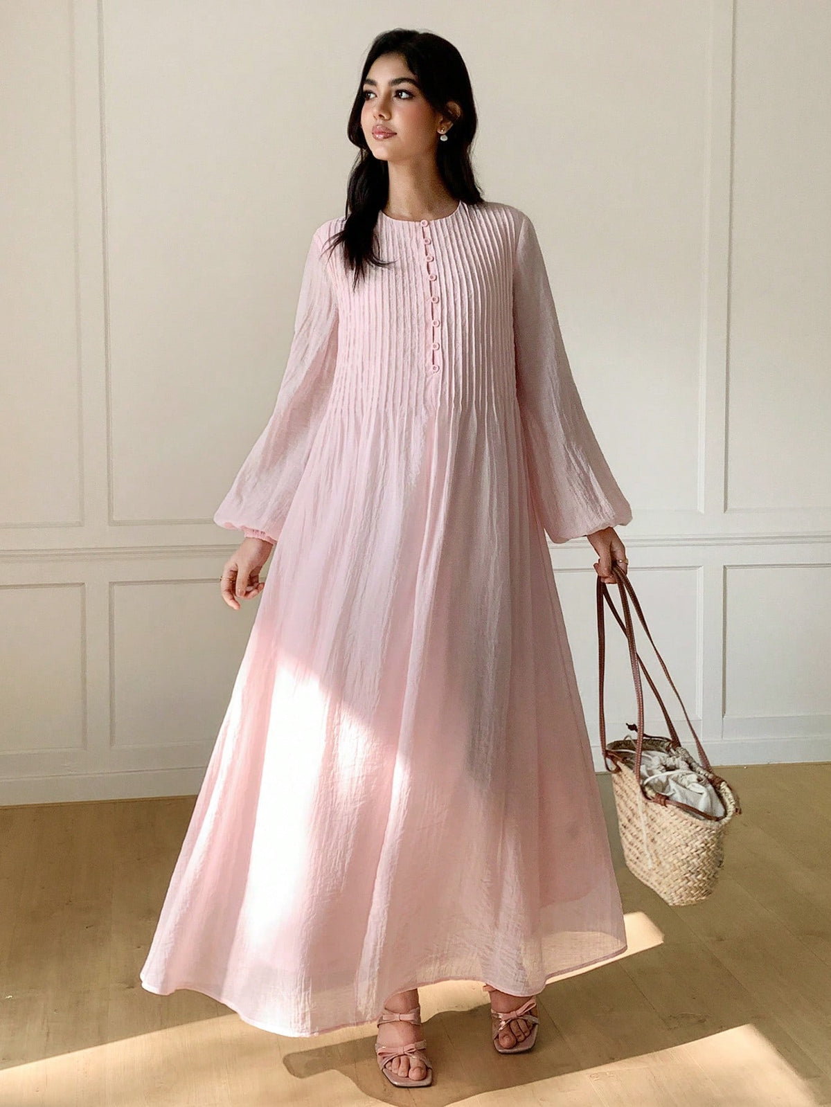 Solavon Women's Elegant Lantern Sleeve Pleated Long Dress, Minimalist Style For Autumn Vacation Blush Pink