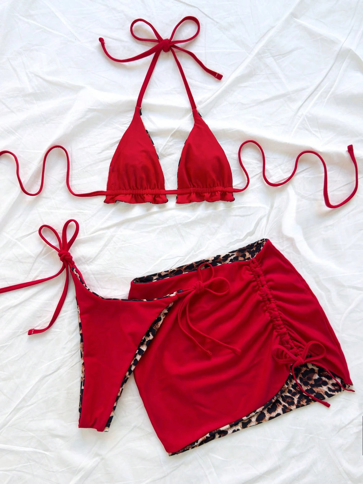 Soleia 3pcs Women's Leopard Print & Red Color Matching Reversible Bikini Set, Swim Suits For Women,Vacation Outfit Women, Sexy Beach Outfits For Women