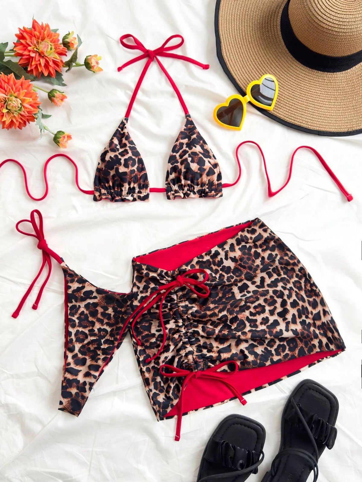 Soleia 3pcs Women's Leopard Print & Red Color Matching Reversible Bikini Set, Swim Suits For Women,Vacation Outfit Women, Sexy Beach Outfits For Women