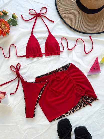 Soleia 3pcs Women's Leopard Print & Red Color Matching Reversible Bikini Set, Swim Suits For Women,Vacation Outfit Women, Sexy Beach Outfits For Women