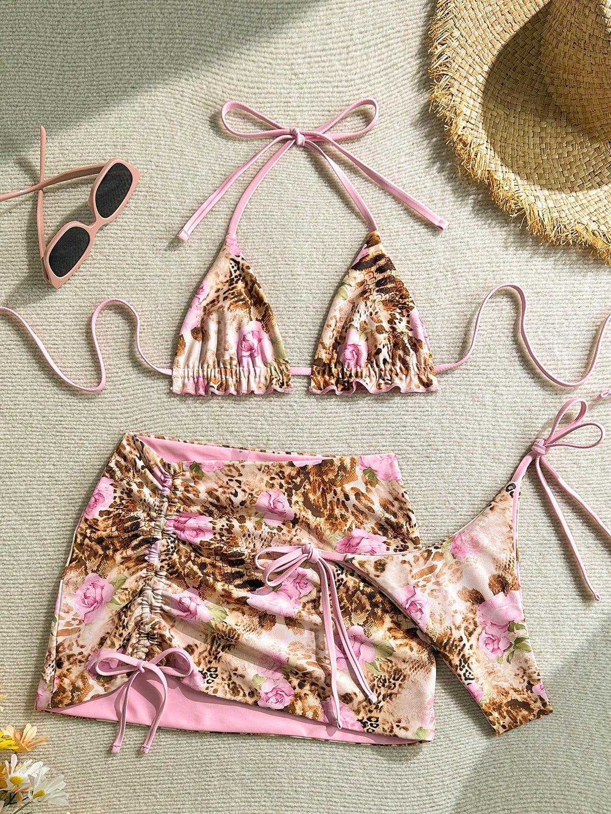 Soleia 3pcs Women's Leopard Print & Red Color Matching Reversible Bikini Set, Swim Suits For Women,Vacation Outfit Women, Sexy Beach Outfits For Women