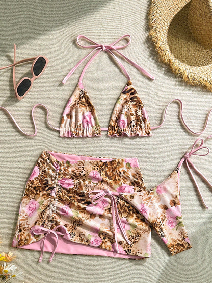 Soleia 3pcs Women's Leopard Print & Red Color Matching Reversible Bikini Set, Swim Suits For Women,Vacation Outfit Women, Sexy Beach Outfits For Women