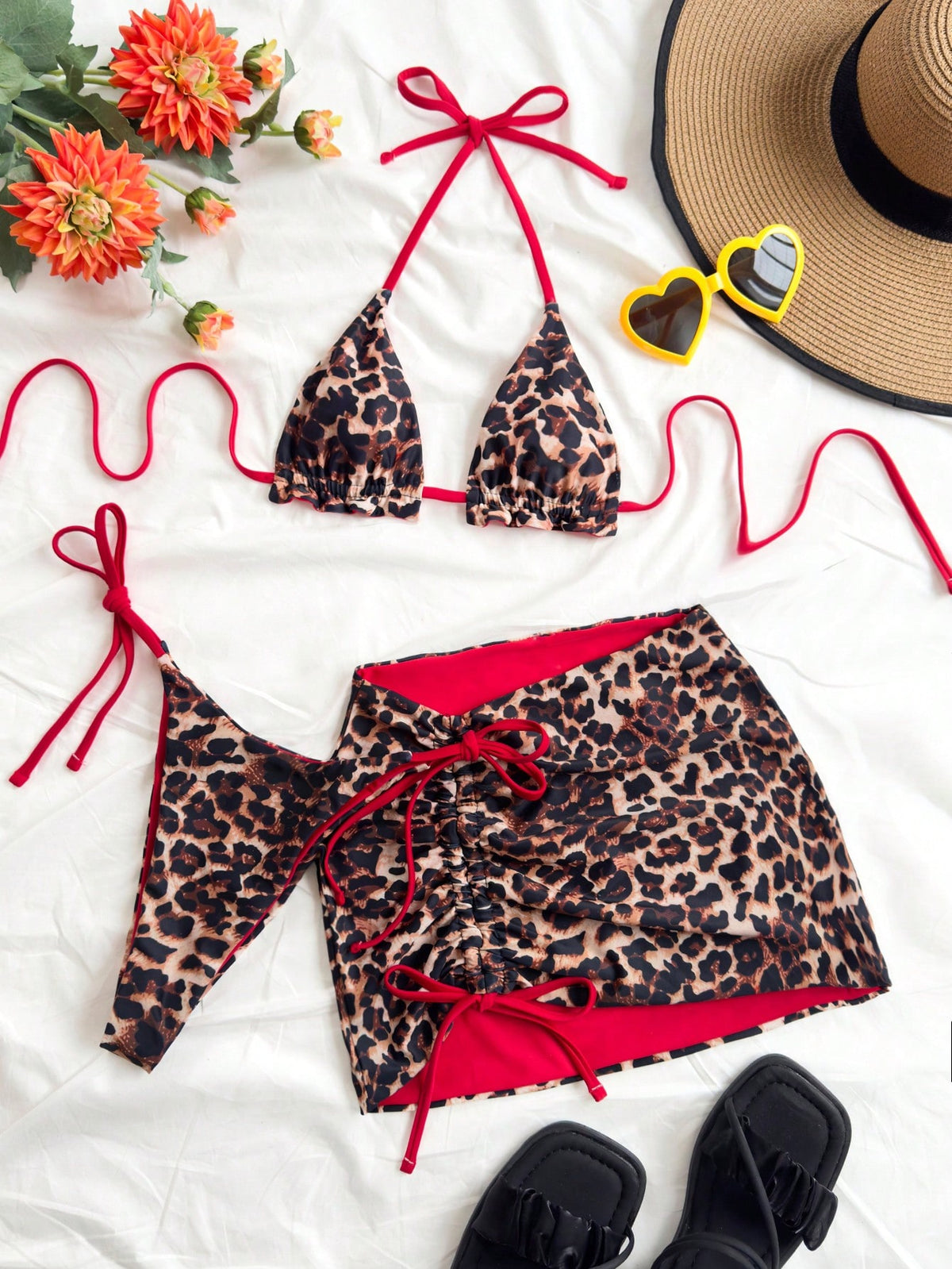 Soleia 3pcs Women's Leopard Print & Red Color Matching Reversible Bikini Set, Swim Suits For Women,Vacation Outfit Women, Sexy Beach Outfits For Women