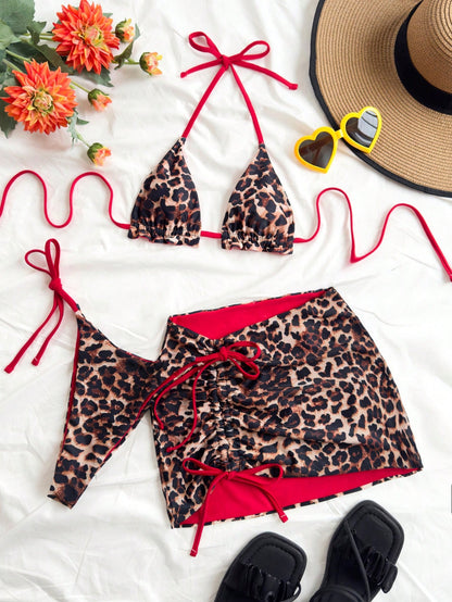 Soleia 3pcs Women's Leopard Print & Red Color Matching Reversible Bikini Set, Swim Suits For Women,Vacation Outfit Women, Sexy Beach Outfits For Women