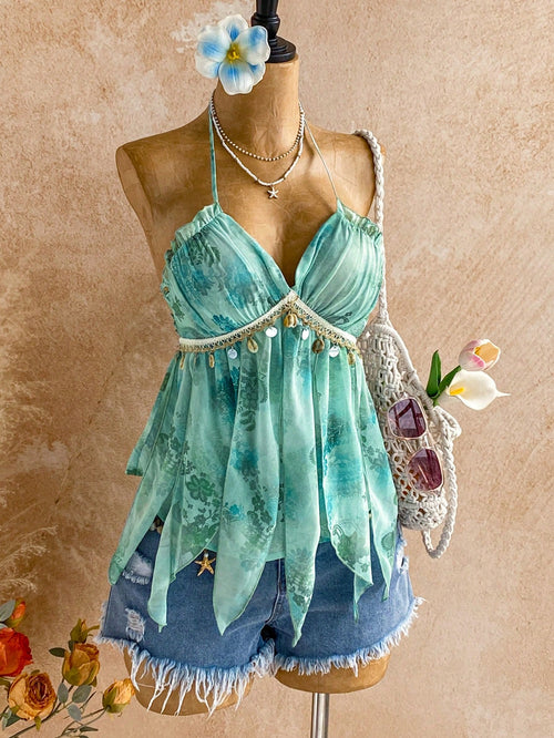 Soleia Beach For Women Summer Vacations Women Women's Floral Print Patchwork Shell Trim Halter Neck Vacation Top