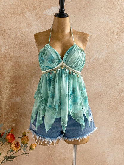 Soleia Beach For Women Summer Vacations Women Women's Floral Print Patchwork Shell Trim Halter Neck Vacation Top