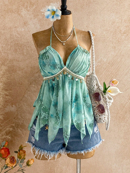 Soleia Beach For Women Summer Vacations Women Women's Floral Print Patchwork Shell Trim Halter Neck Vacation Top