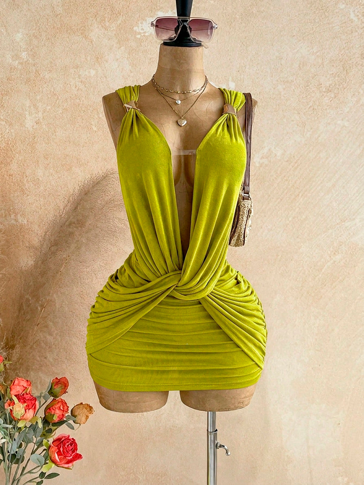 Soleia Sexy Design V-Neck Metal Decor Shoulder Strap Backless Wrap Mini Dress Greek Mythology Style For Date Night Club Party Out Summer Olive Green