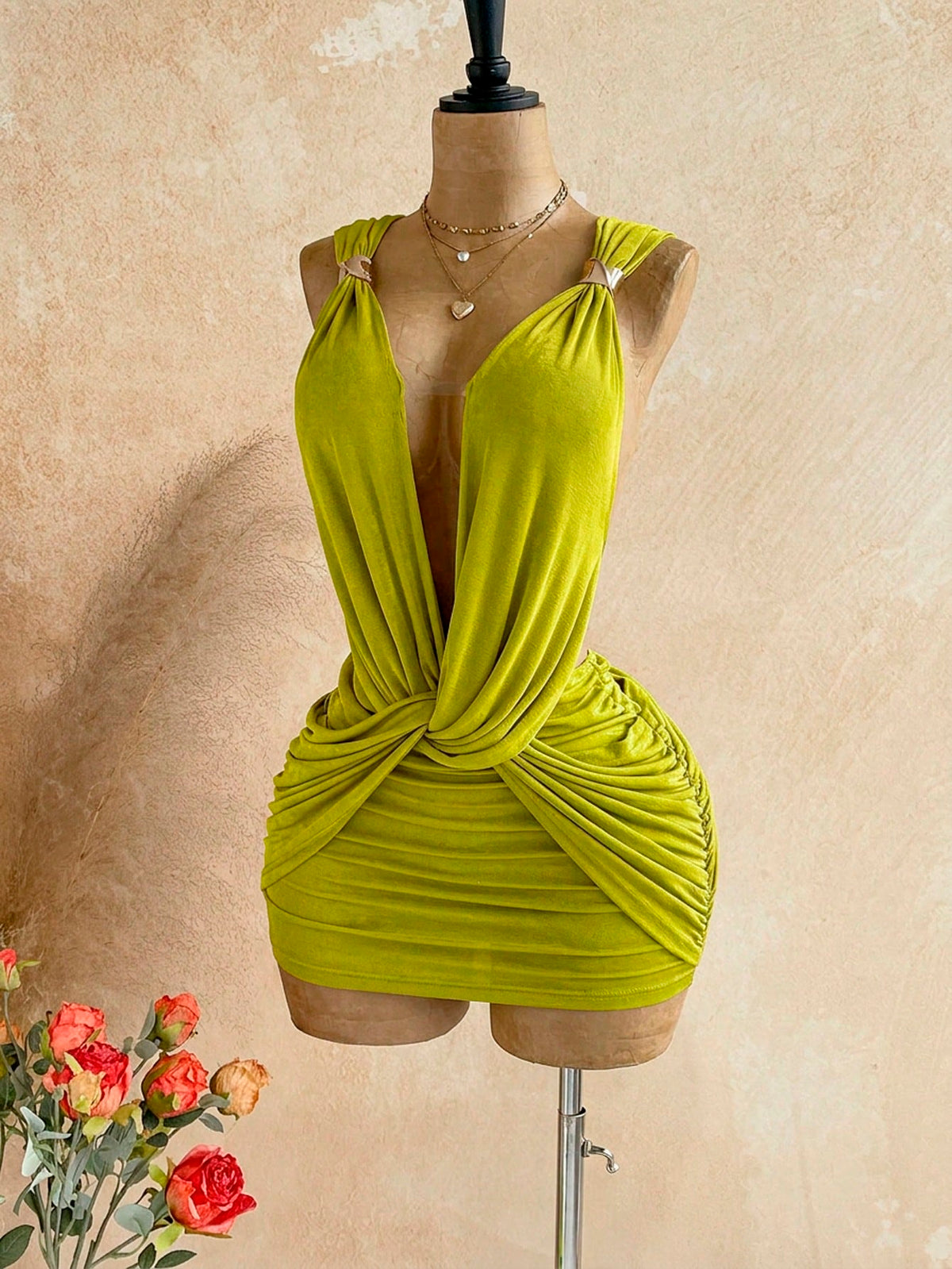Soleia Sexy Design V-Neck Metal Decor Shoulder Strap Backless Wrap Mini Dress Greek Mythology Style For Date Night Club Party Out Summer Olive Green