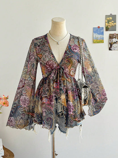 Soleia Women's Boho V-Neck Tie-Up Long Flare Sleeve Floral Print Casual Top, Summer Vacation Beach Outfits