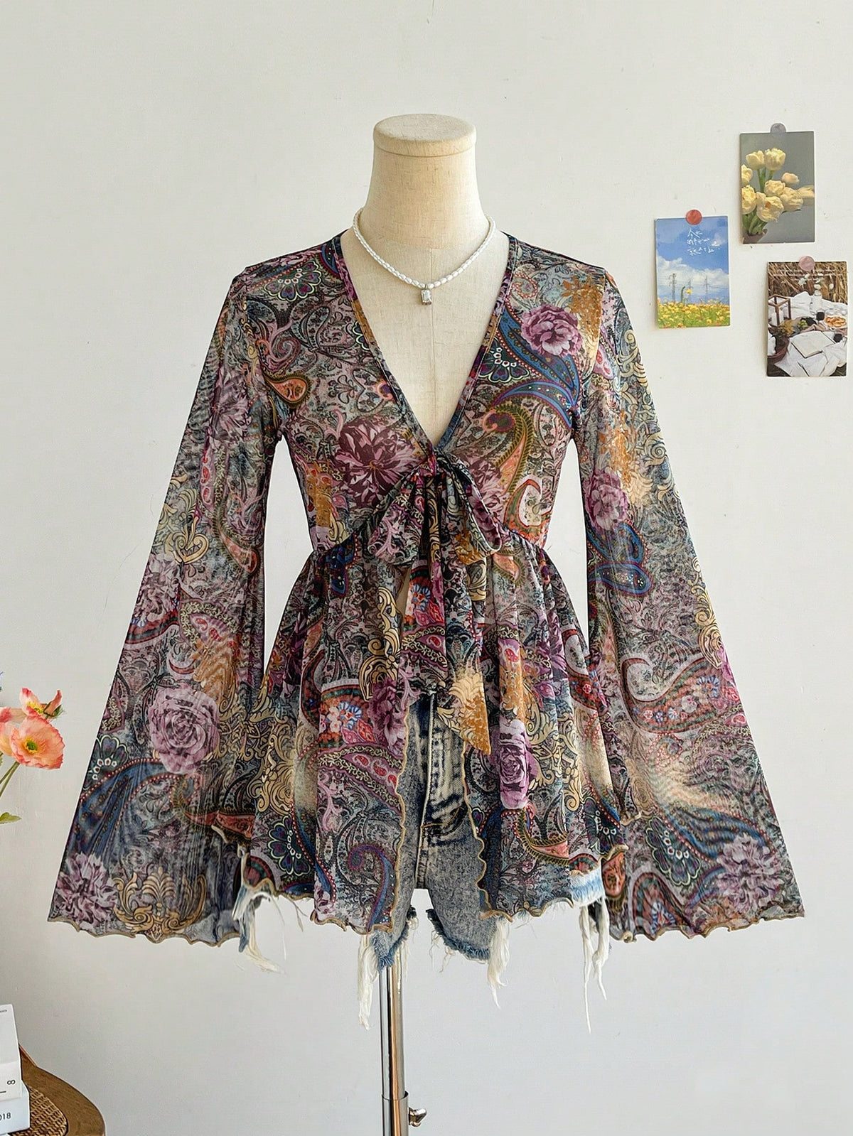 Soleia Women's Boho V-Neck Tie-Up Long Flare Sleeve Floral Print Casual Top, Summer Vacation Beach Outfits
