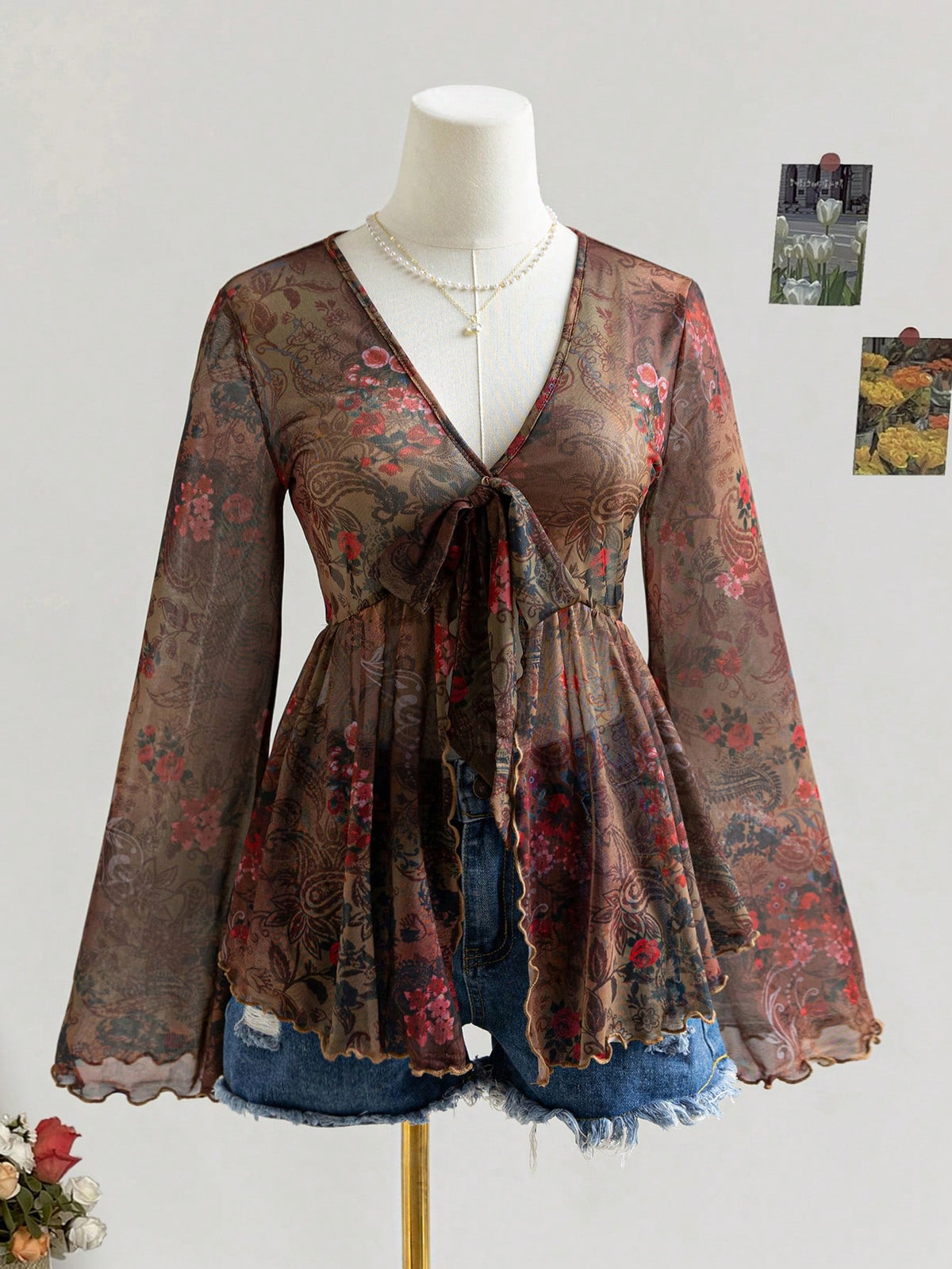 Soleia Women's Boho V-Neck Tie-Up Long Flare Sleeve Floral Print Casual Top, Summer Vacation Beach Outfits