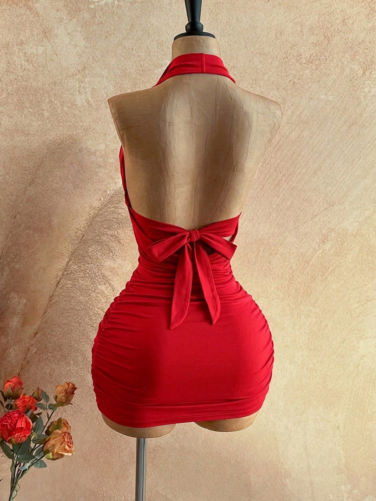 Soleia Women's Cowl Neck Backless Halter Mini Dress,No Breast Pads
