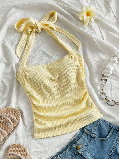 Soleia Women's Pale Yellow Summer Elegant Beach Vacation Holiday Holiday Resort Knit Ribbed Form-Fitting Ruched Halter Neck Tank Top,Party No Chest Padding