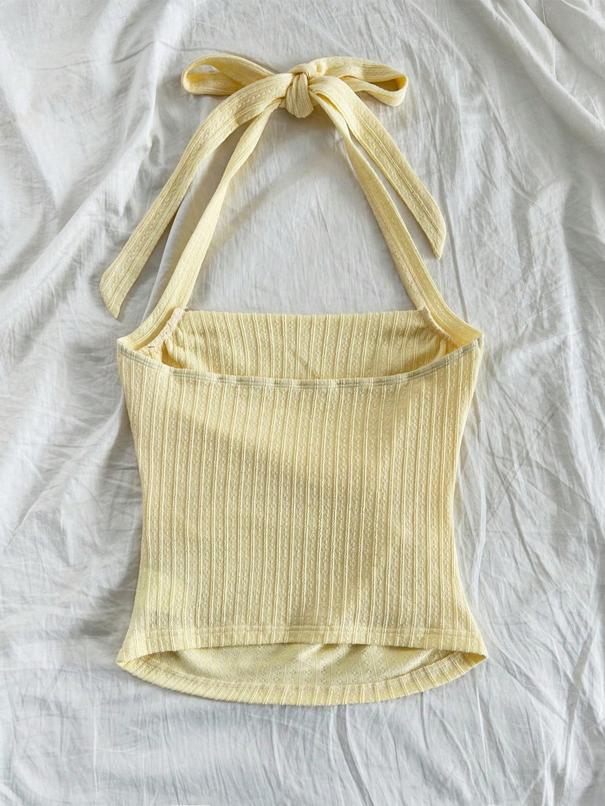 Soleia Women's Pale Yellow Summer Elegant Beach Vacation Holiday Holiday Resort Knit Ribbed Form-Fitting Ruched Halter Neck Tank Top,Party No Chest Padding