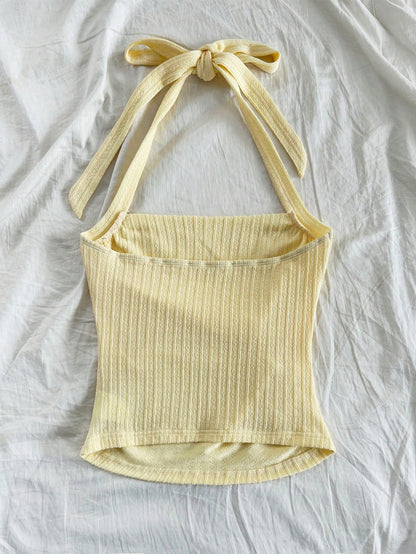 Soleia Women's Pale Yellow Summer Elegant Beach Vacation Holiday Holiday Resort Knit Ribbed Form-Fitting Ruched Halter Neck Tank Top,Party No Chest Padding