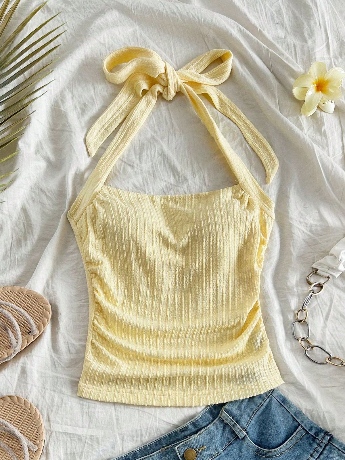 Soleia Women's Pale Yellow Summer Elegant Beach Vacation Holiday Holiday Resort Knit Ribbed Form-Fitting Ruched Halter Neck Tank Top,Party No Chest Padding