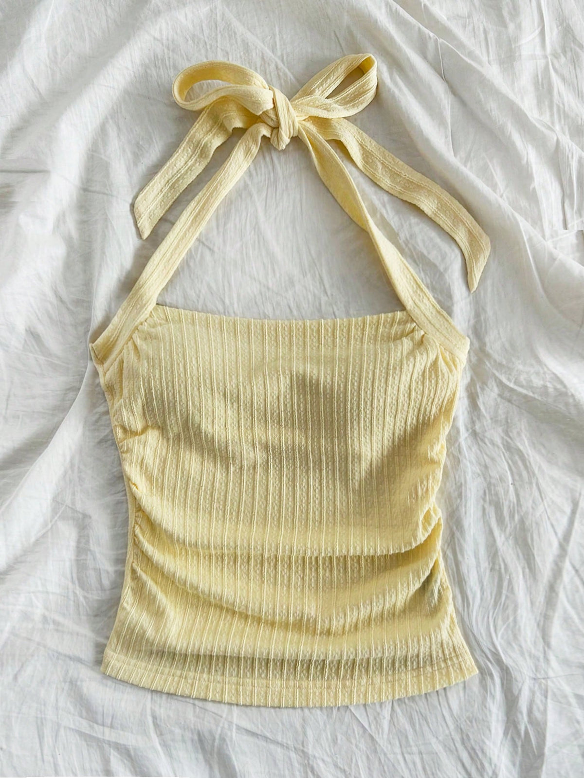 Soleia Women's Pale Yellow Summer Elegant Beach Vacation Holiday Holiday Resort Knit Ribbed Form-Fitting Ruched Halter Neck Tank Top,Party No Chest Padding
