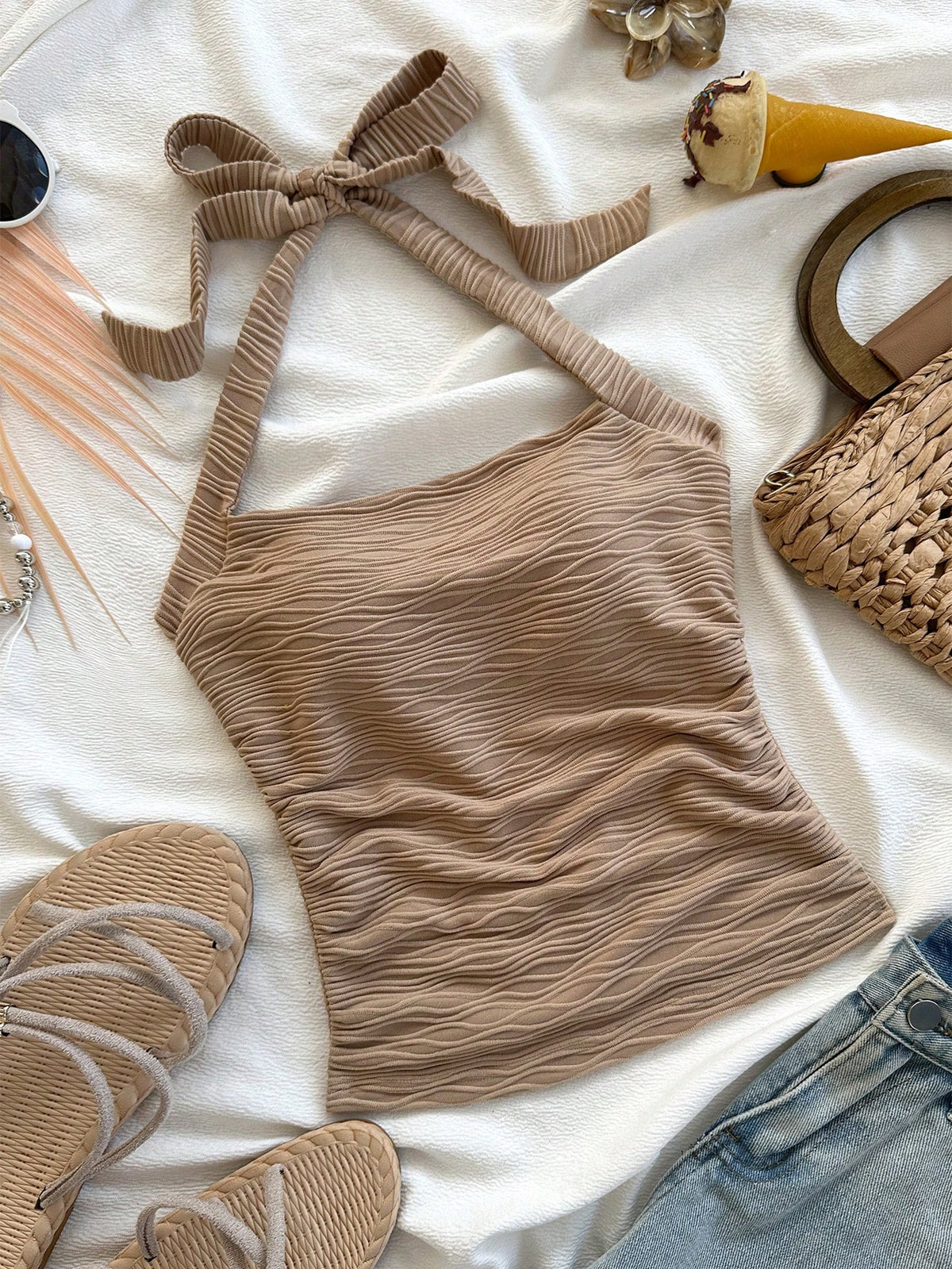 Soleia Women's Pale Yellow Summer Elegant Beach Vacation Holiday Holiday Resort Knit Ribbed Form-Fitting Ruched Halter Neck Tank Top,Party No Chest Padding