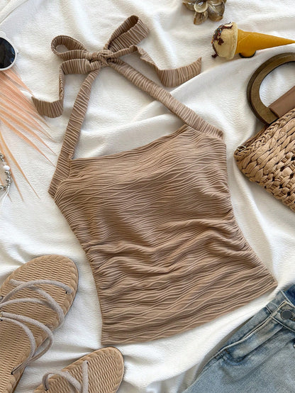 Soleia Women's Pale Yellow Summer Elegant Beach Vacation Holiday Holiday Resort Knit Ribbed Form-Fitting Ruched Halter Neck Tank Top,Party No Chest Padding