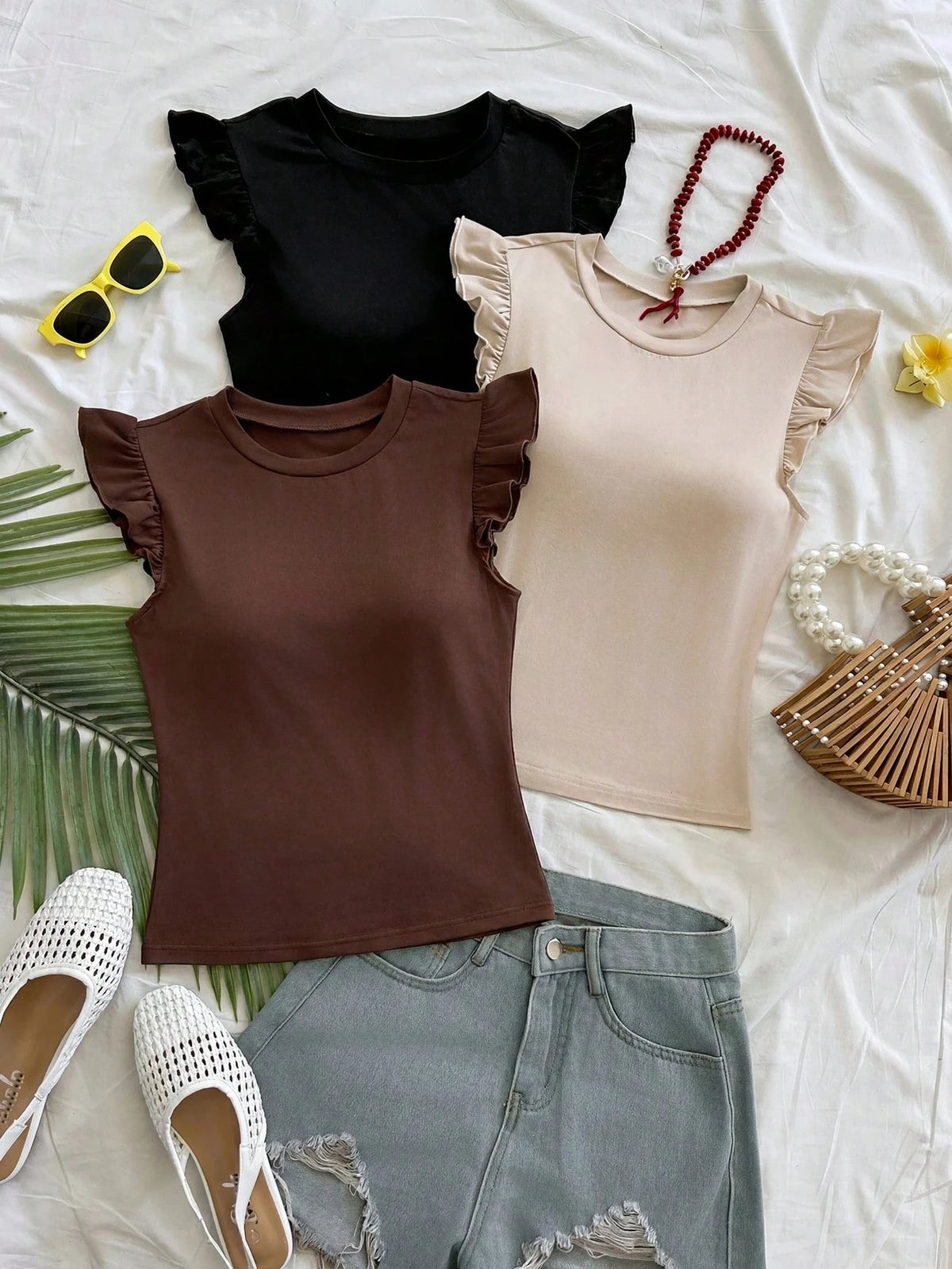 Soleia Women's Standard Solid Color Crew Neck Casual Cap Sleeve T-Shirt Three Pieces Set No Chest Padding