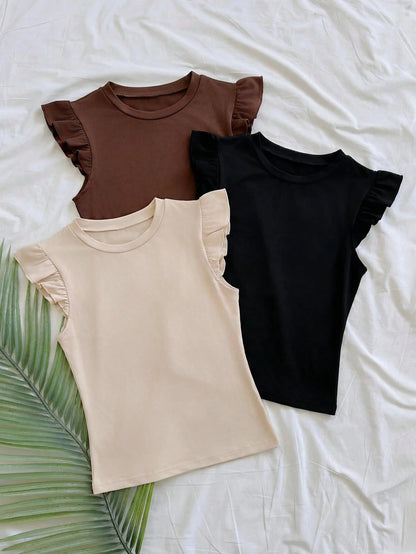 Soleia Women's Standard Solid Color Crew Neck Casual Cap Sleeve T-Shirt Three Pieces Set No Chest Padding