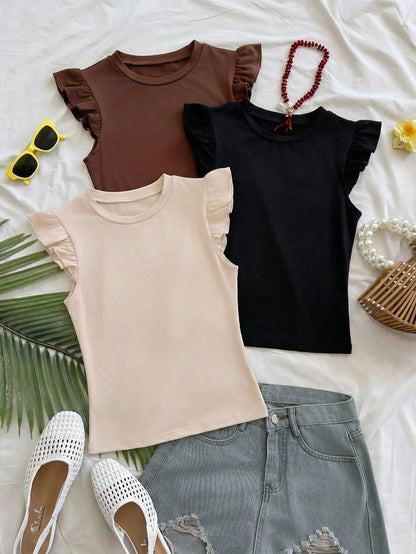 Soleia Women's Standard Solid Color Crew Neck Casual Cap Sleeve T-Shirt Three Pieces Set No Chest Padding