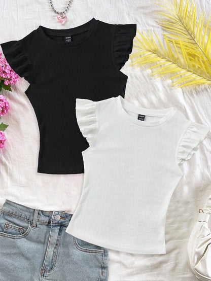 Soleia Women's Standard Solid Color Crew Neck Casual Cap Sleeve T-Shirt Three Pieces Set No Chest Padding