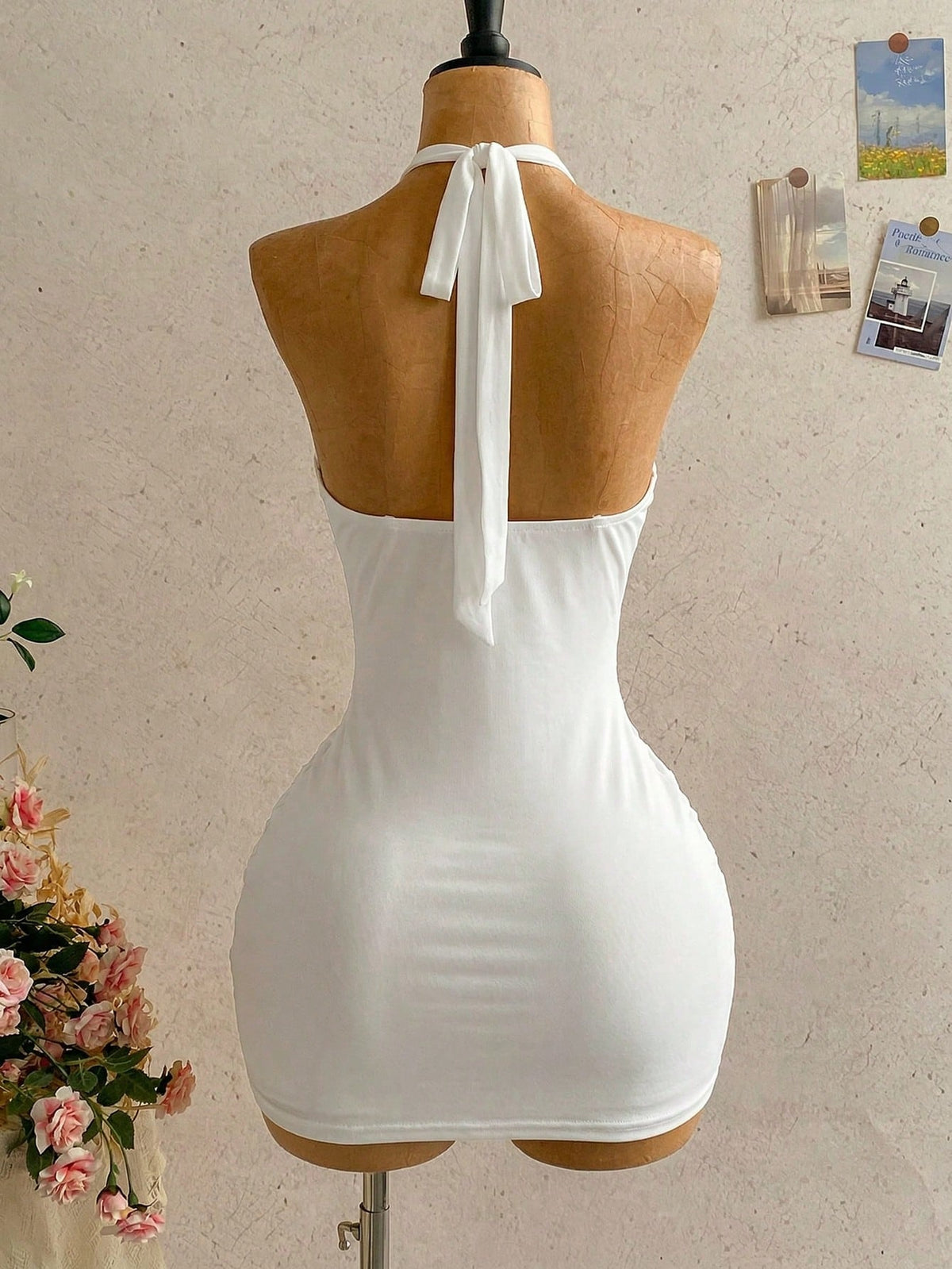 Soleia Women's White Summer V-Neck Tie Strap Backless Ruched Mini Dress,70s Holiday Party Vacation Halter Bodycon Resort Wear One Piece Outfit,Holiday