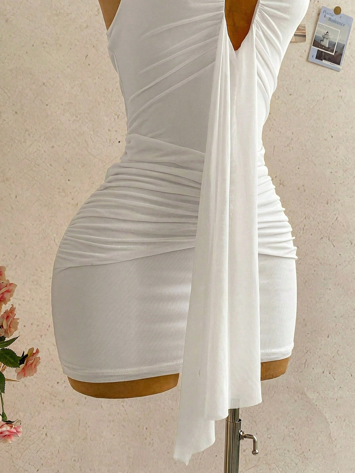 Soleia Women's White Summer V-Neck Tie Strap Backless Ruched Mini Dress,70s Holiday Party Vacation Halter Bodycon Resort Wear One Piece Outfit,Holiday