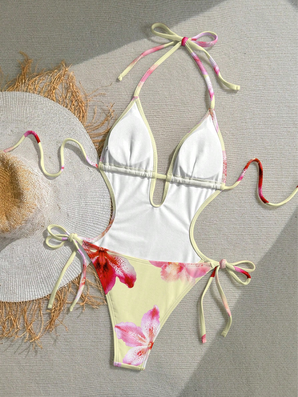 Soleia Women's Yellow Halter Neck Tie Retro Floral Print Swimsuit,Front Hollow Water Drop & Fashionable Summer,Beach,Holiday,Vacation,Casual,Holiday