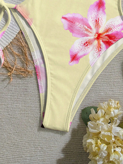 Soleia Women's Yellow Halter Neck Tie Retro Floral Print Swimsuit,Front Hollow Water Drop & Fashionable Summer,Beach,Holiday,Vacation,Casual,Holiday