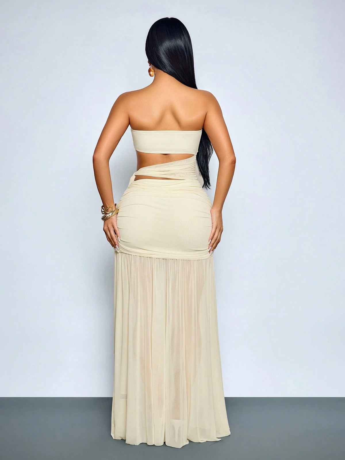 SOLERSUN Sexy Strapless Sheer Mesh Maxi Dress Women Ruched Cut Out Waist Beach Vacation Club Vacation Goddess Dress Cream Summer