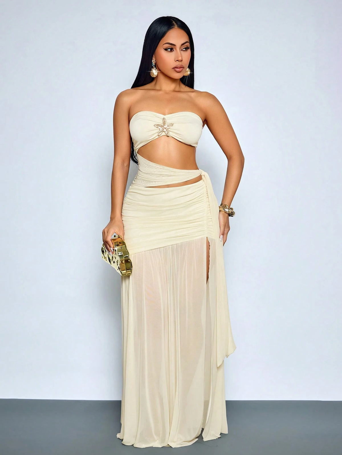 SOLERSUN Sexy Strapless Sheer Mesh Maxi Dress Women Ruched Cut Out Waist Beach Vacation Club Vacation Goddess Dress Cream Summer