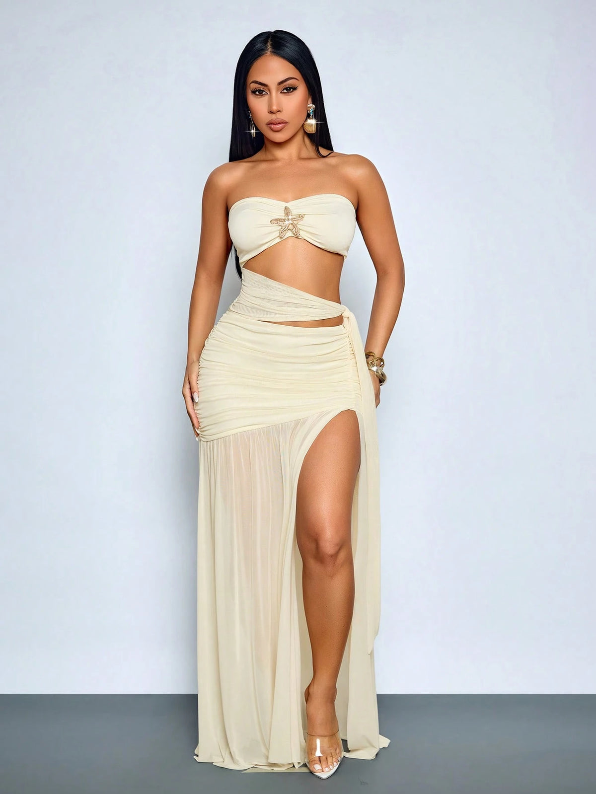 SOLERSUN Sexy Strapless Sheer Mesh Maxi Dress Women Ruched Cut Out Waist Beach Vacation Club Vacation Goddess Dress Cream Summer