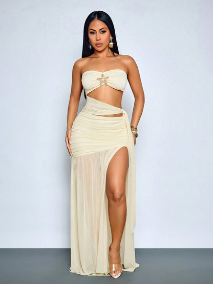 SOLERSUN Sexy Strapless Sheer Mesh Maxi Dress Women Ruched Cut Out Waist Beach Vacation Club Vacation Goddess Dress Cream Summer
