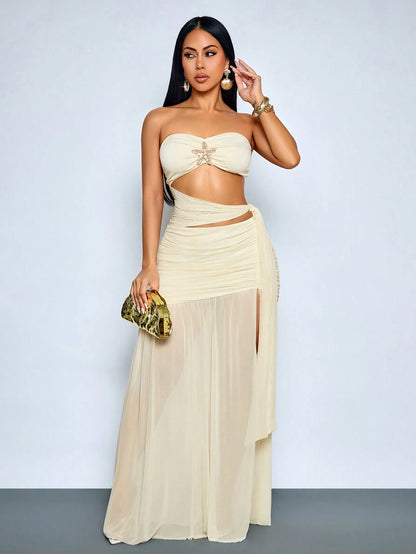 SOLERSUN Sexy Strapless Sheer Mesh Maxi Dress Women Ruched Cut Out Waist Beach Vacation Club Vacation Goddess Dress Cream Summer
