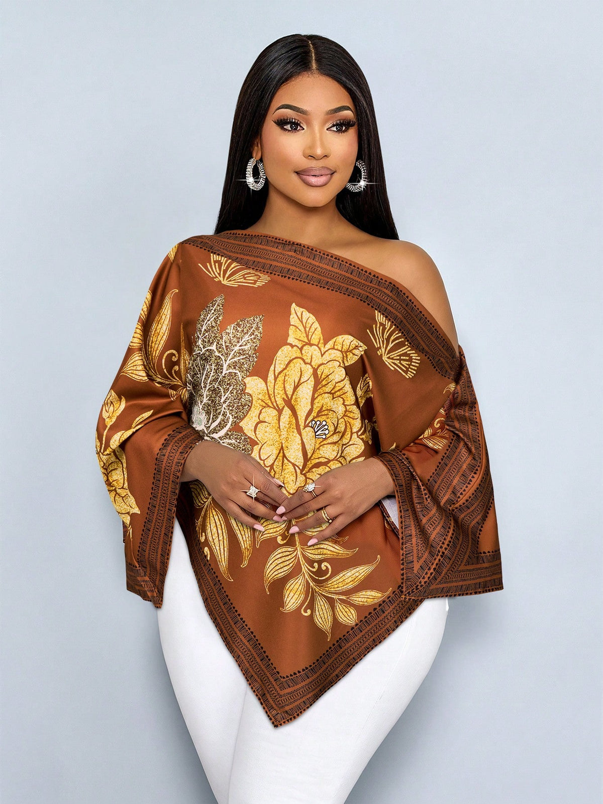 SOLERSUN Women's Plus Size Casual Elegant Apricot Patterned Asymmetric Neck Long Sleeve Asymmetrical Hem Blouse Oblique Shoulder Split Sleeve Loose Fashionable Shirt Vintage Sunset Holiday Print Batwi