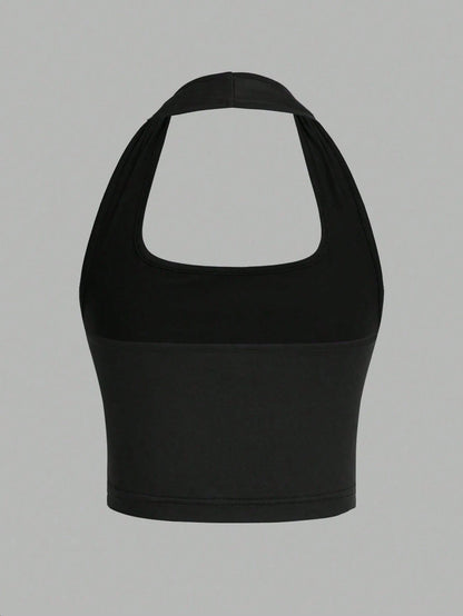Sounds Like Me Letter Pattern Backless Halter Neck Sexy Tank Top For Women, Suitable For Daily Wear In Spring/Summer Casual Black