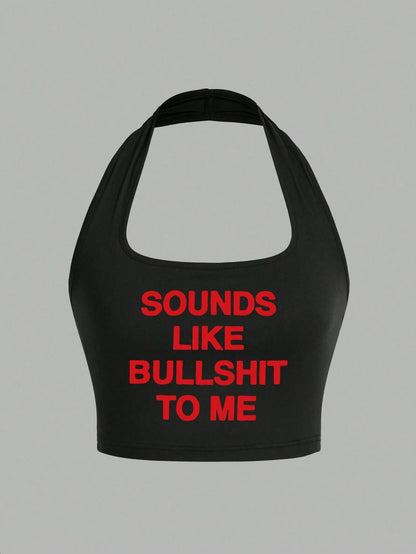 Sounds Like Me Letter Pattern Backless Halter Neck Sexy Tank Top For Women, Suitable For Daily Wear In Spring/Summer Casual Black