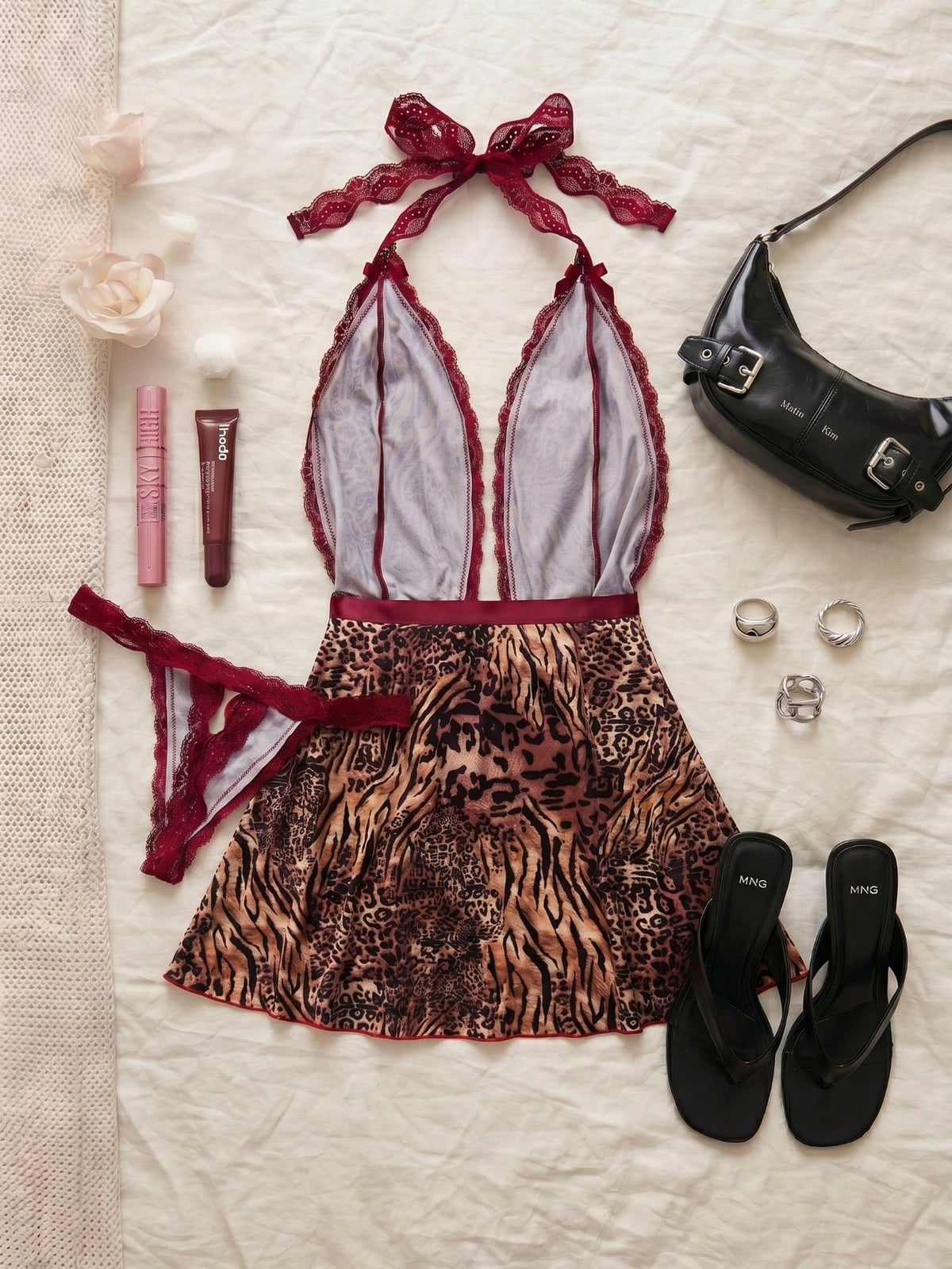 Spicy Aura 2pcs Lace Contrast Mesh Sexy Nightgown Set (Halter Neck + Sexy + Animal Print + Panty) Wedding Lingerie Set Dress Lingerie Babydoll Dress Boudoir Shooting Outfit Leopard Print Lingerie
